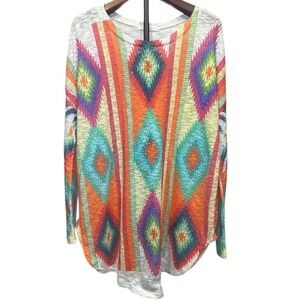 Luna Chic USA Womens Southwestern Geometric Knit Top Orange Multi Size L